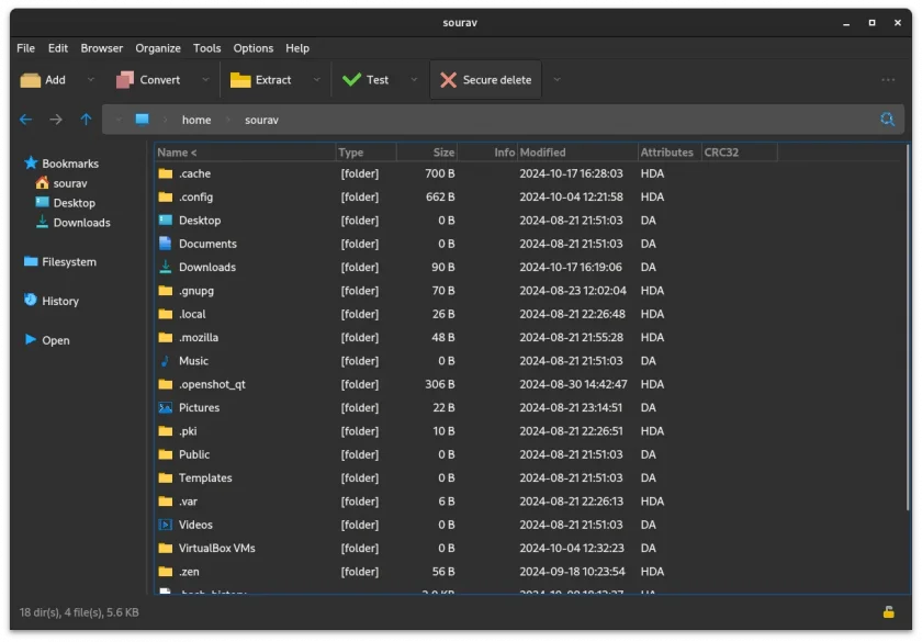 Interface do PeaZip no Fedora