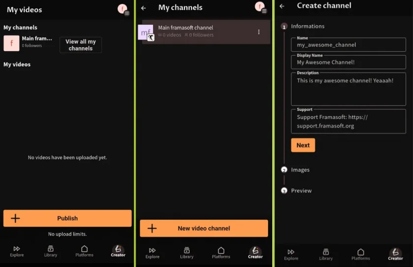 Esta colagem em 3 partes mostra três capturas de tela do novo modo criador do aplicativo móvel Peertube
