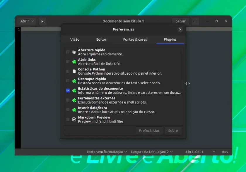 Veja os plugins disponíveis e instalados no Gedit
