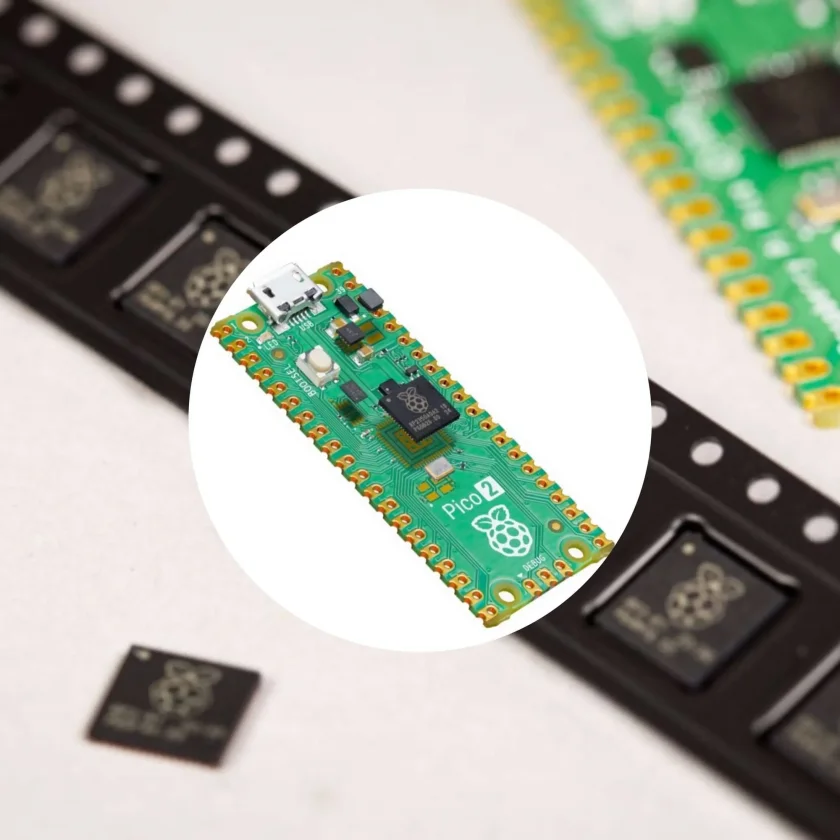 Uma ilustração mostrando o Raspberry Pi Pico 2 e o microcontrolador RP2350