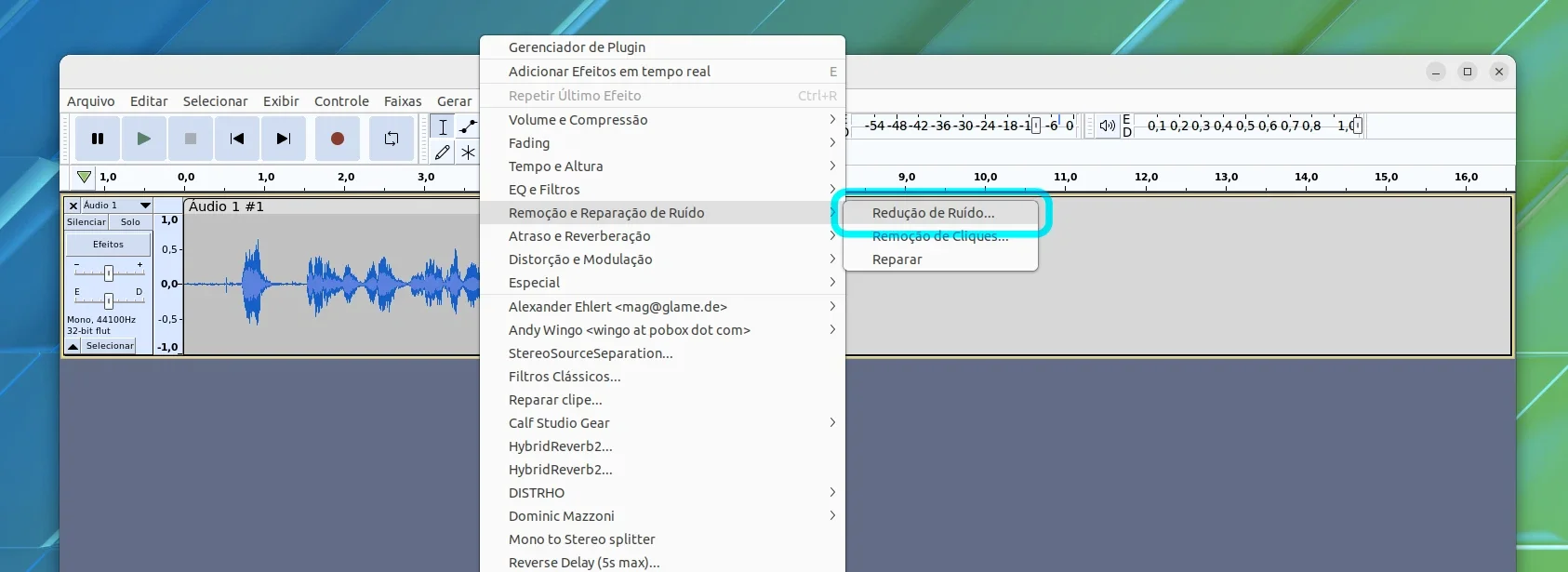 Menu para redução de ruído do Audacity
