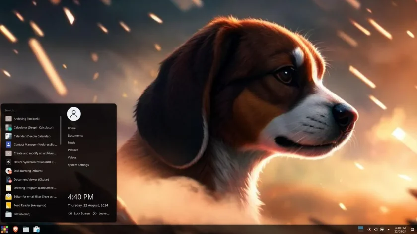 Uma captura de tela do RefreshOS 2.0 Desktop View com o iniciador de aplicativos padrão aberto e um papel de parede do Beagle em segundo plano