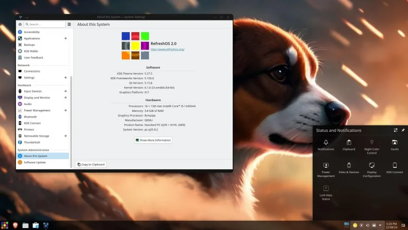 Uma captura de tela do RefreshOS 2.0 com a página Sobre este sistema e widgets flutuantes abertos