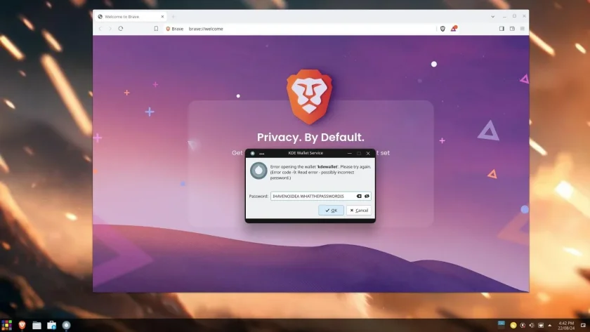 Uma captura de tela do prompt da carteira do KDE RefreshOS 2.0 ao abrir o navegador Brave