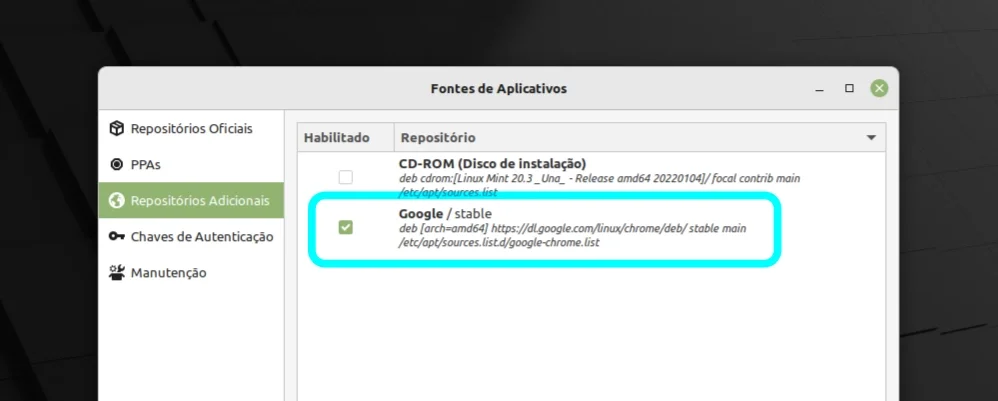 Repositório de atualização do Google Chrome no Linux Mint