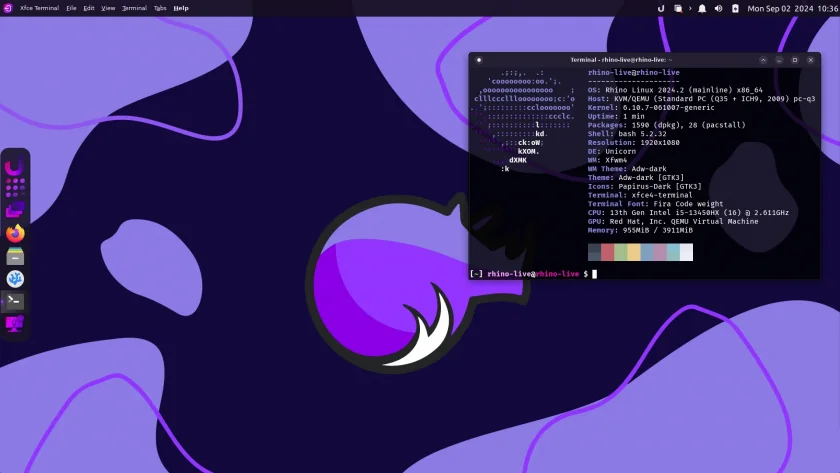 Uma captura de tela do Rhino Linux 2024.2 com uma saída neofetch