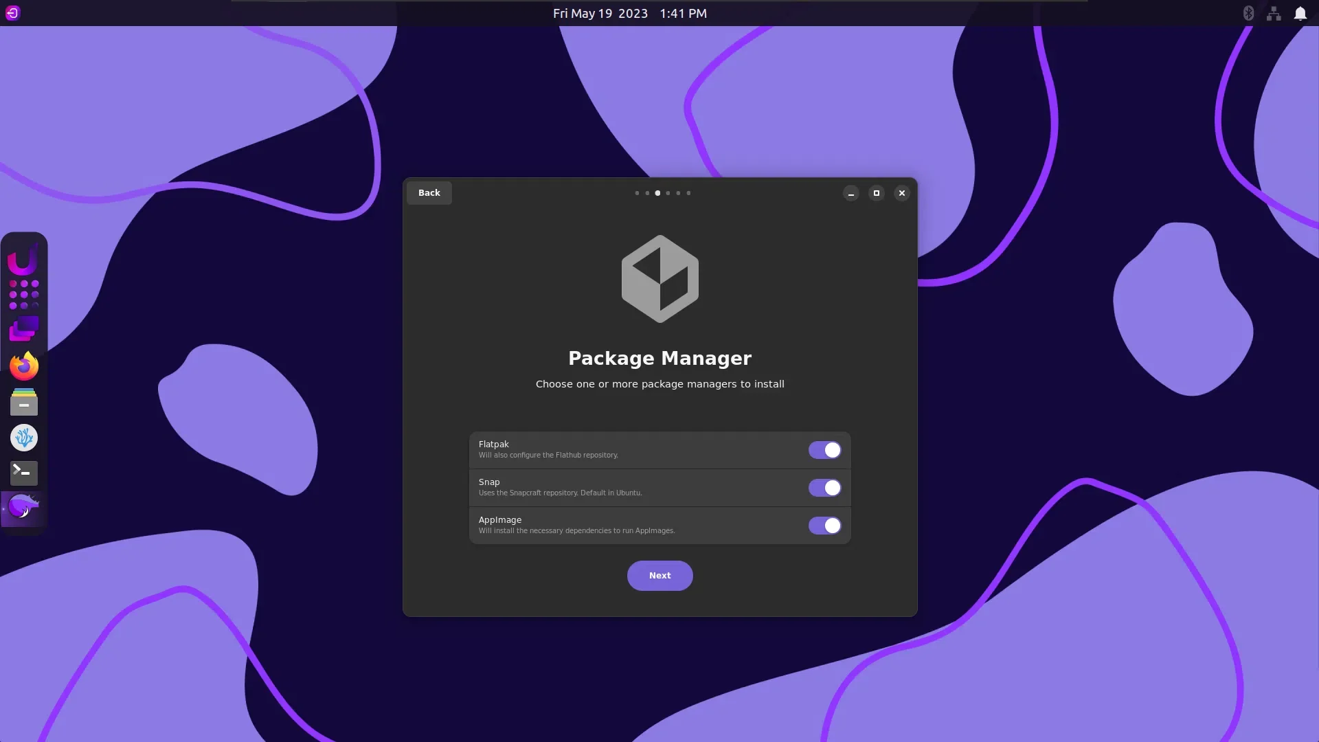 Uma captura de tela do Gerenciador de Pacotes no Assistente de Configuração Rápida no Rhino Linux
