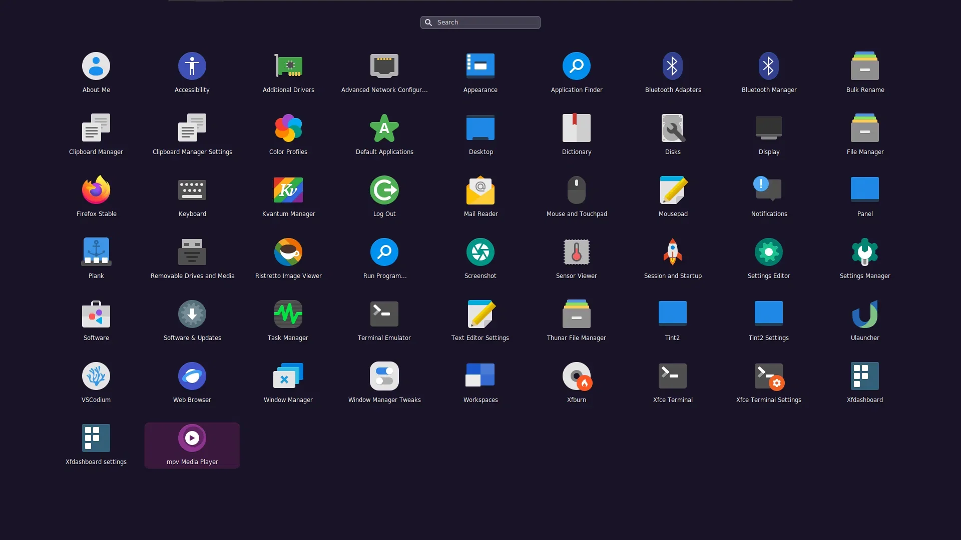 Uma captura de tela da gaveta de aplicativos no Rhino Linux