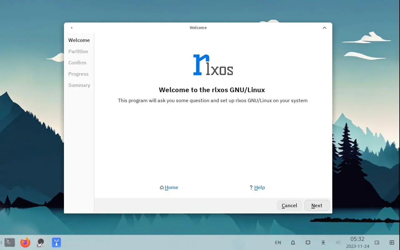 uma captura de tela do instalador do rlxos