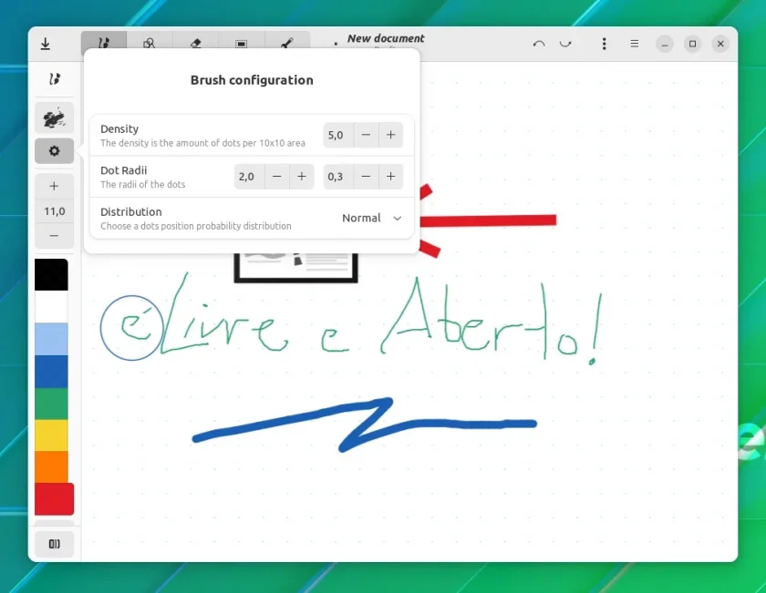 Rnote mostrando propriedades de desenho usando o pincel Rnote mostrando propriedades de desenho usando o pincel