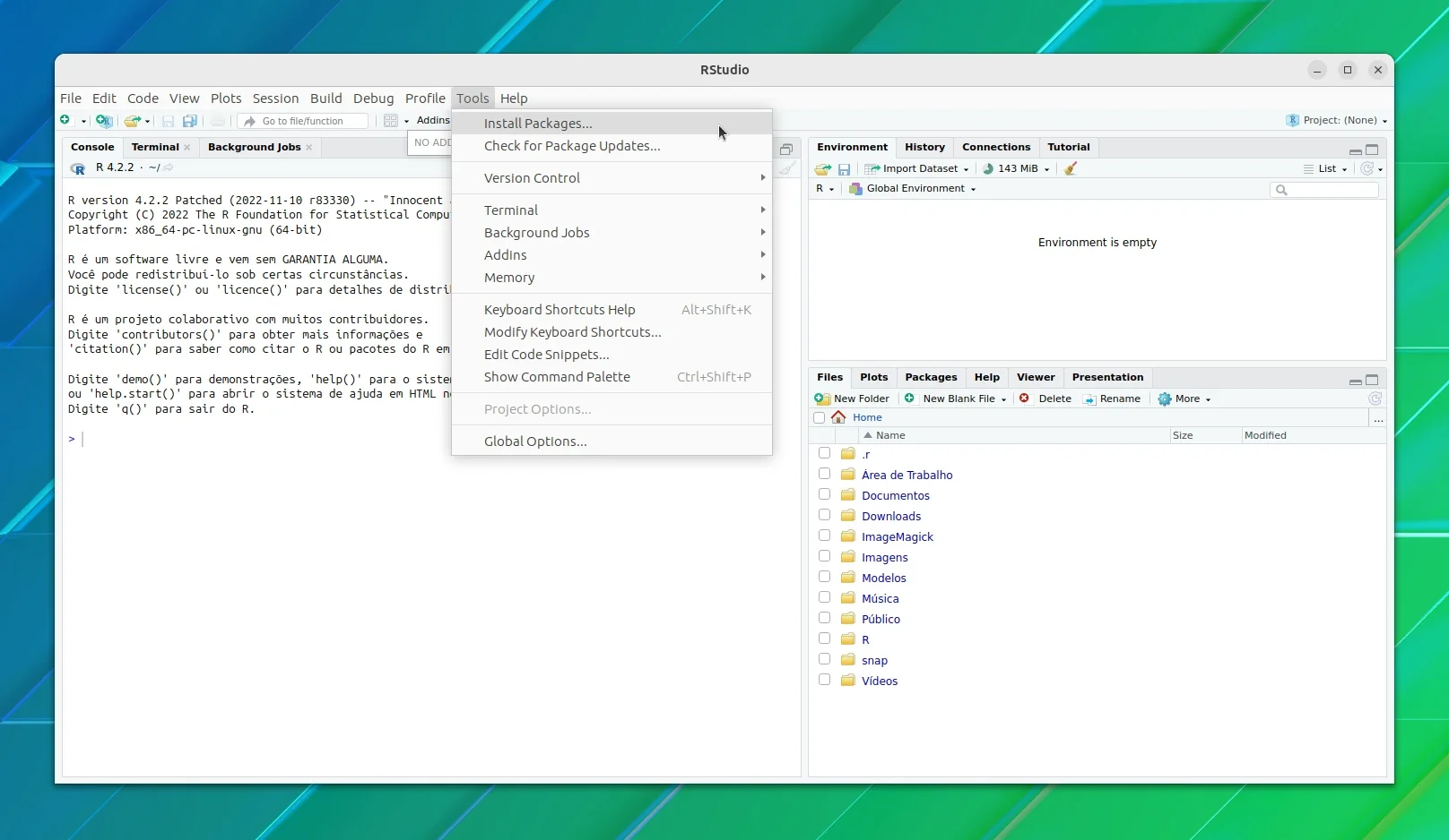Selecione a opção Instalar pacotes no menu Ferramentas