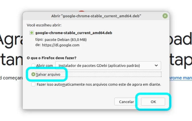 Salvando o arquivo DEV do Google Chrome baixado pelo Firefox