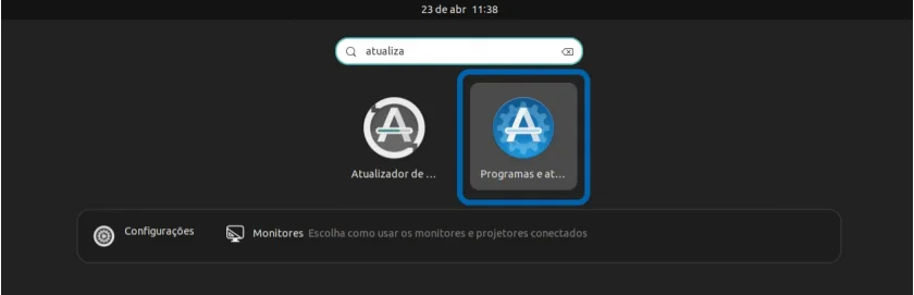 Selecionando Programas e atualizações no menu de aplicativos do Ubuntu 22.04