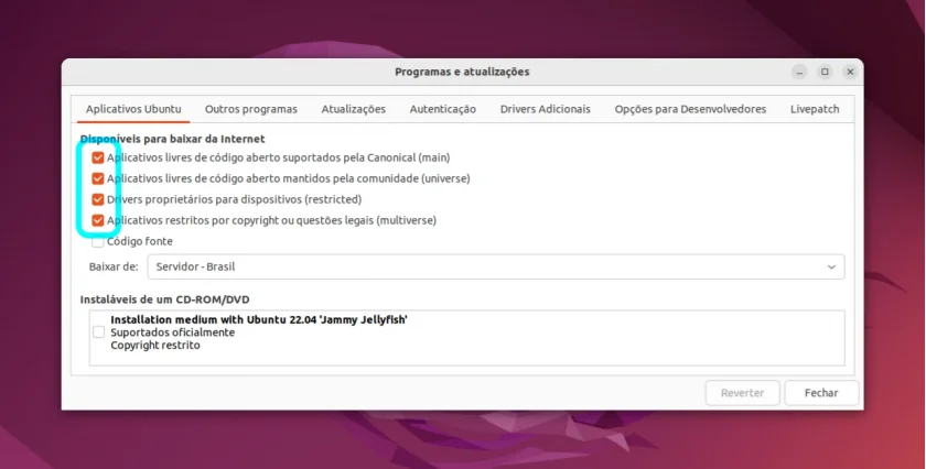 Selecionando fontes de software no Ubuntu 22.04