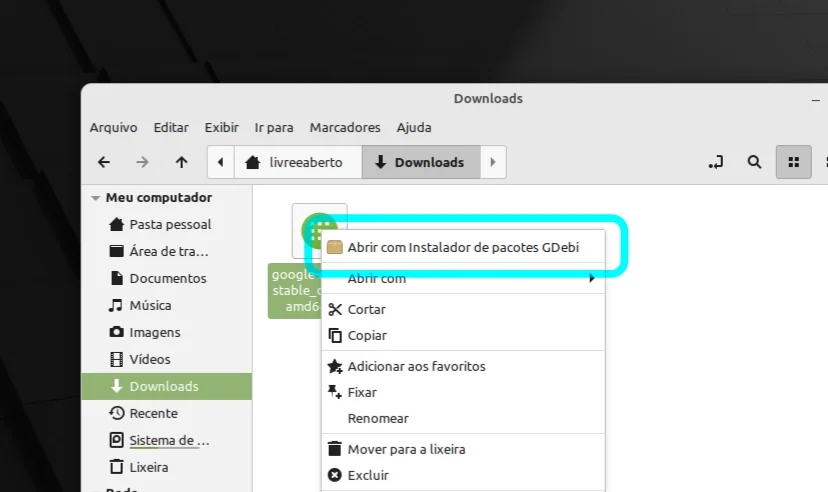 Selecionando o GDebi para abrir o pacote DEB do Google Chrome