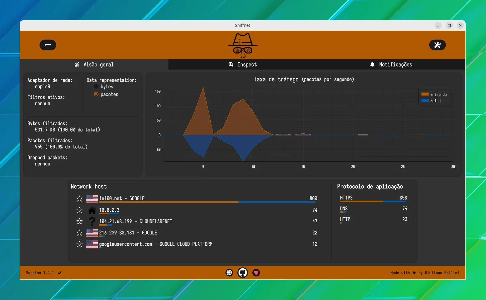 Uma captura de tela da guia Visão geral no SniffNet Uma captura de tela da guia Visão geral no SniffNet