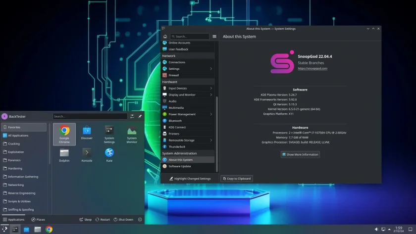 Uma captura de tela da área de trabalho do SnoopGod Linux com a página "Sobre este sistema" aberta no aplicativo Configurações