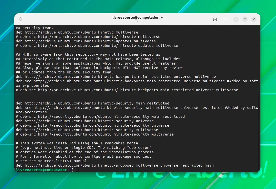 Arquivo de lista de fontes padrão no Ubuntu