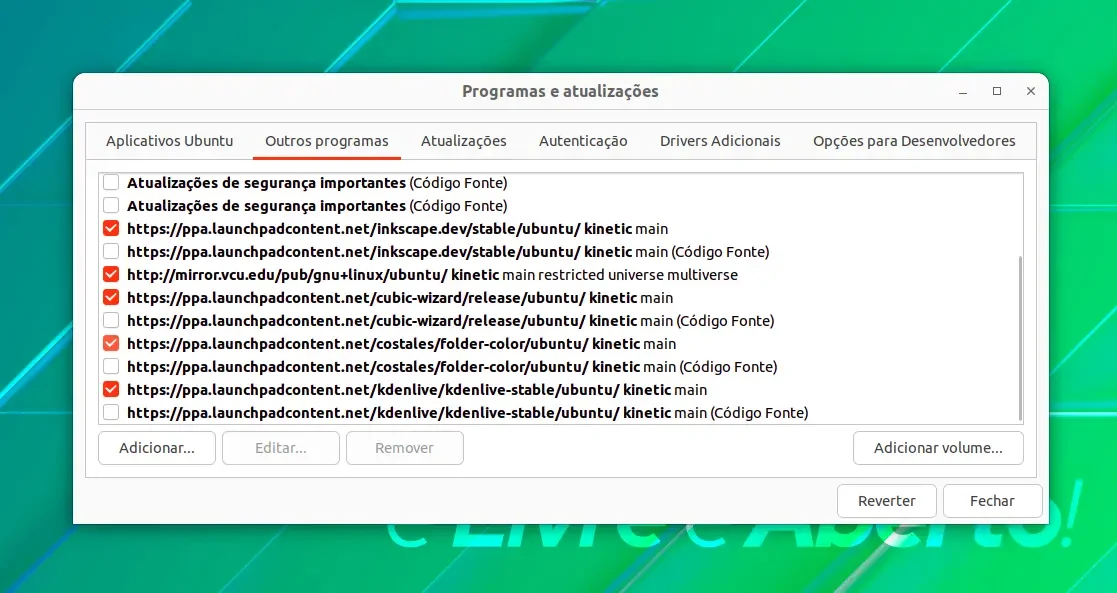Ferramenta Programas e atualizações do Ubuntu