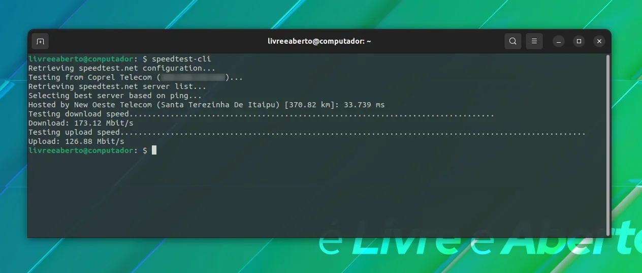 Saída do speedtest-cli no Terminal Saída do speedtest-cli no Terminal