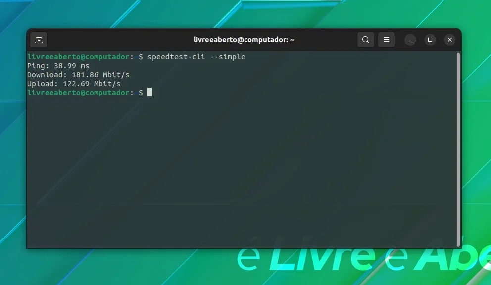 Saída simples do speedtest-cli no Terminal Saída simples do speedtest-cli no Terminal