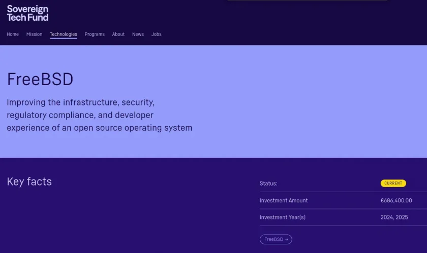 Imagem de uma página do Fundo Soberano de Tecnologia do FreeBSD com detalhes sobre o investimento