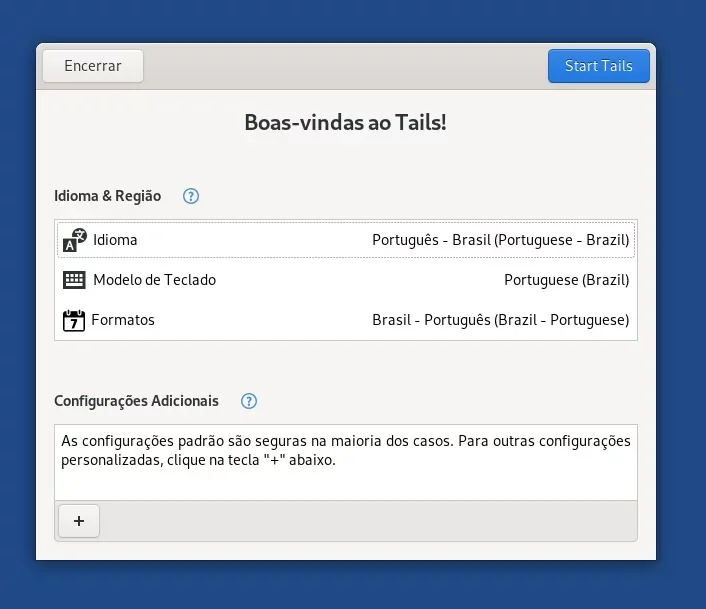 Escolhendo idioma no Tails 5.0