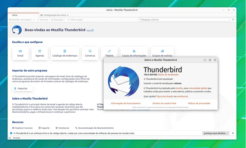 Tela inicial do Thunderbird 102 Tela inicial do Thunderbird 102