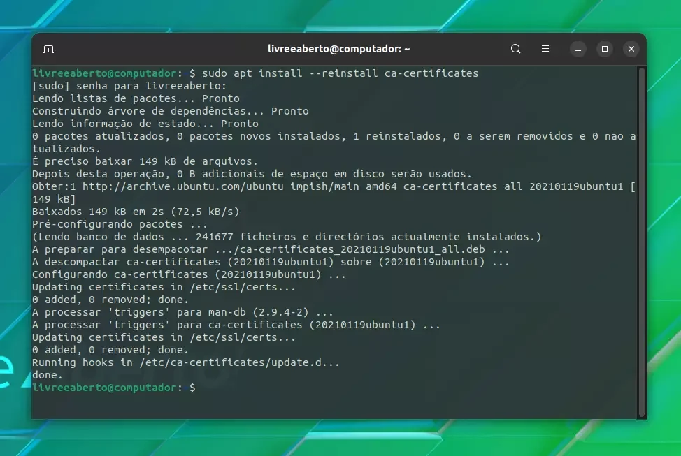 Terminal executando um comando para atualizar ccertificados Terminal executando um comando para atualizar ccertificados