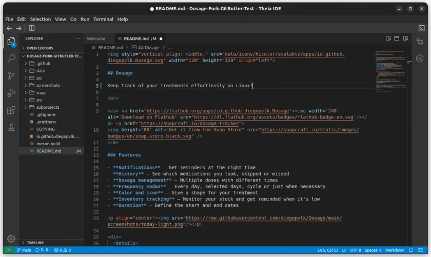 Uma captura de tela do IDE Theia em ação editando um arquivo README