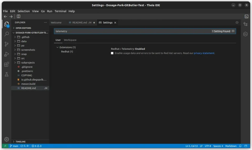 Uma captura de tela da configuração de telemetria do Theia IDE, que está desabilitada por padrão