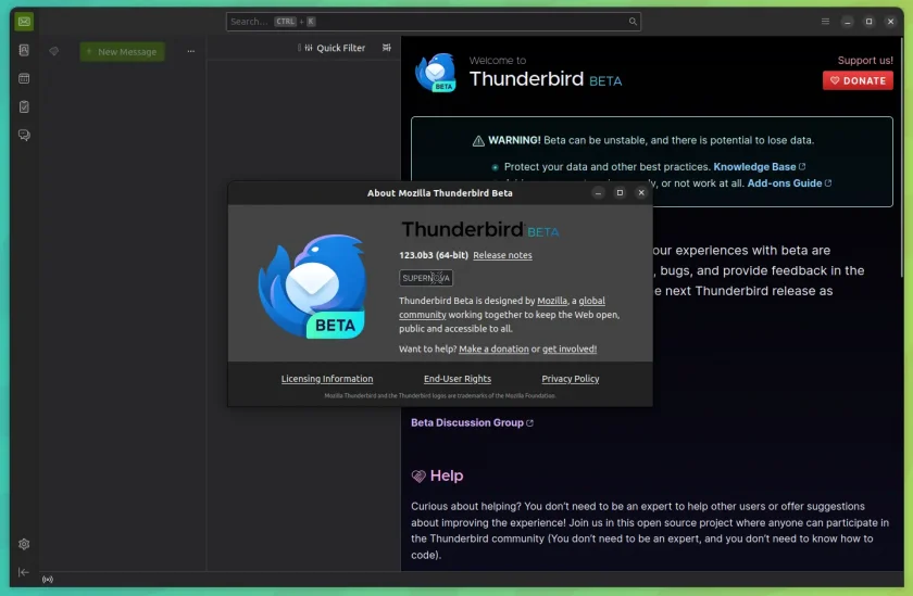 uma captura de tela do thunderbird beta snap
