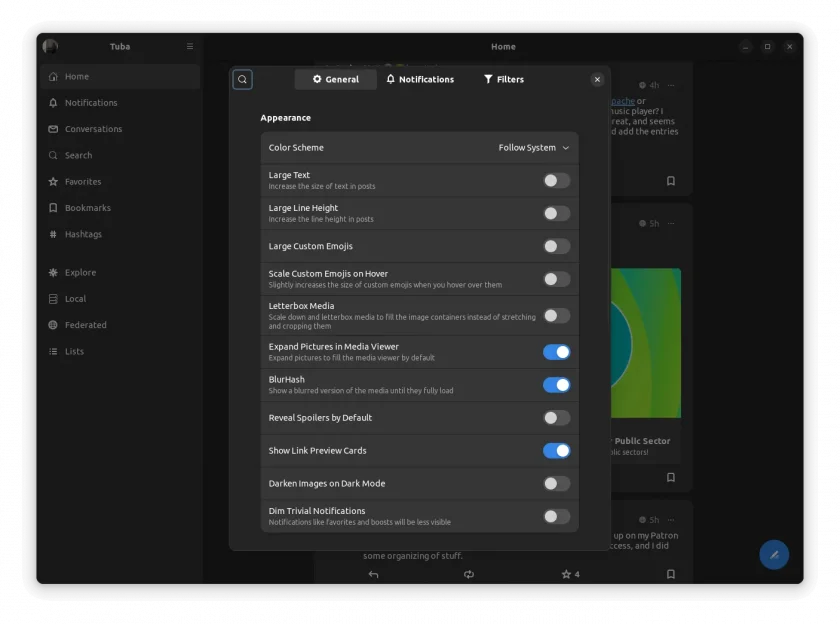 Uma captura de tela do menu de configurações da tuba