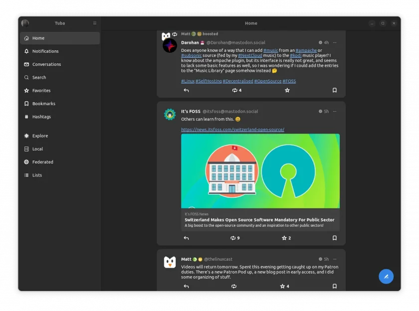 Uma captura de tela do feed inicial da tuba