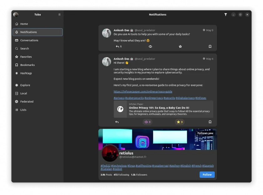 Uma captura de tela da seção de notificações da tuba