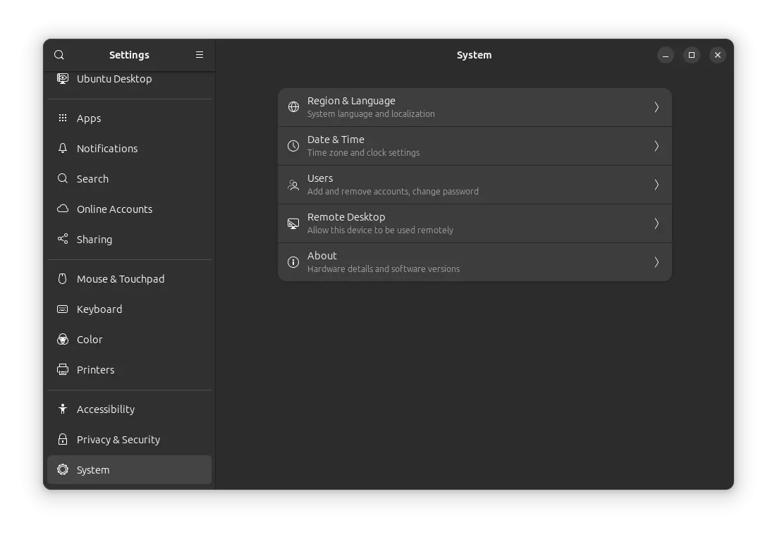 Configurações do sistema Ubuntu 24.04