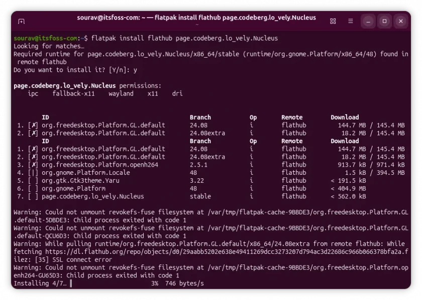 Imagem demonstrando o problema de instalação do Flatpak no Ubuntu 25.10