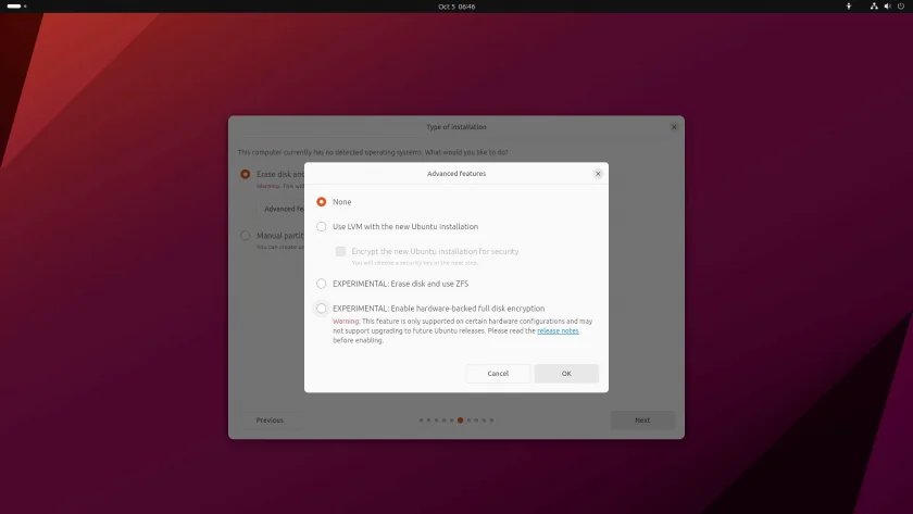 Uma captura de tela do suporte experimental a ZFS e TPM embalado por FDE
