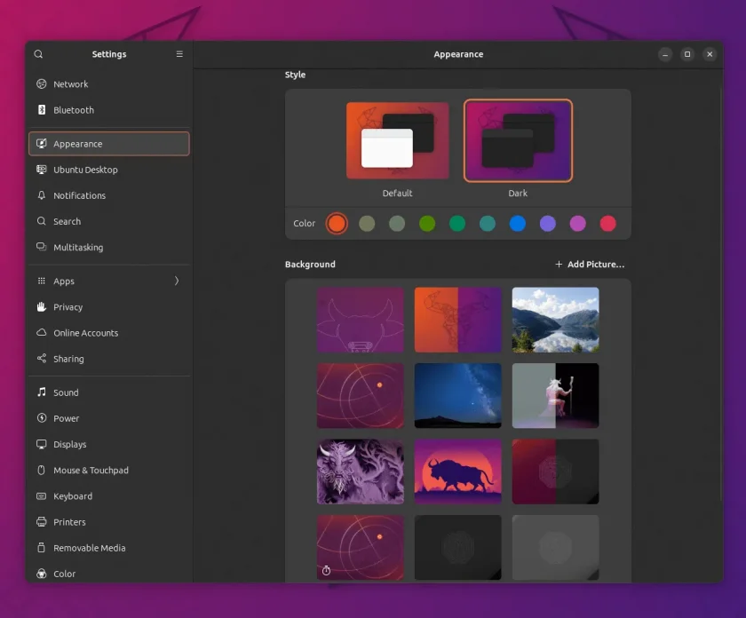 Uma captura de tela dos novos papéis de parede no Ubuntu 23.10