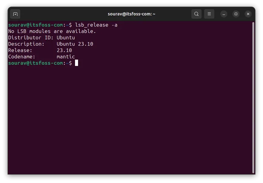 Uma captura de tela do comando lsb_release -a em execução no Ubuntu 23.10
