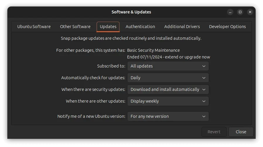 Uma captura de tela da guia Atualizações no aplicativo Software & Updates no Ubuntu 23.10