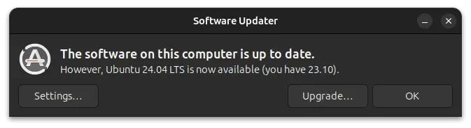 Uma captura de tela do atualizador de software no Ubuntu 23.10 com a atualização... opção