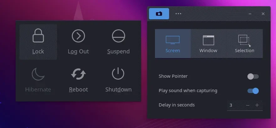 Uma captura de tela do Ubuntu Budgie 24.04 LTS Power Dialog e Native Screenshot Tool
