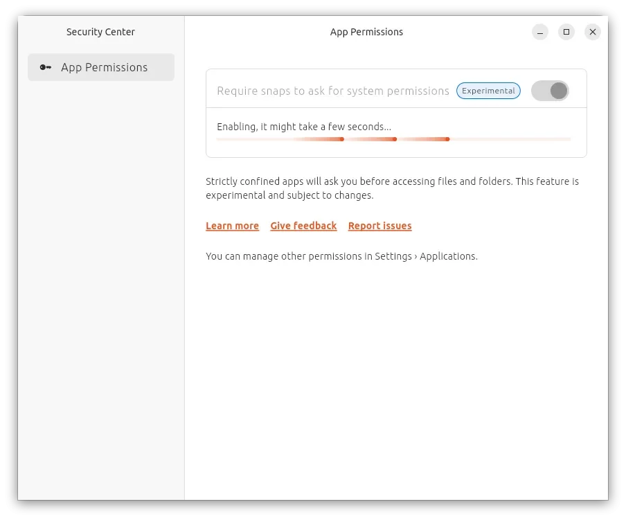Uma captura de tela do Security Center em execução em uma versão diária do Ubuntu