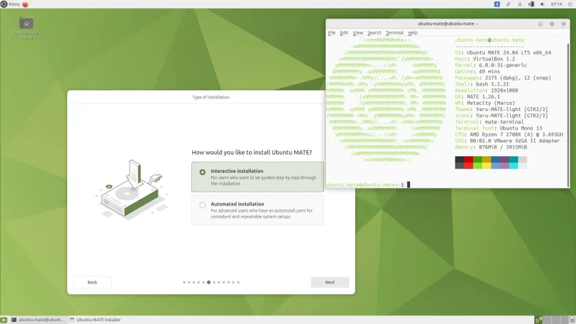 Uma captura de tela do instalador do Ubuntu Mate 24.04 LTS e saída NeoFetch