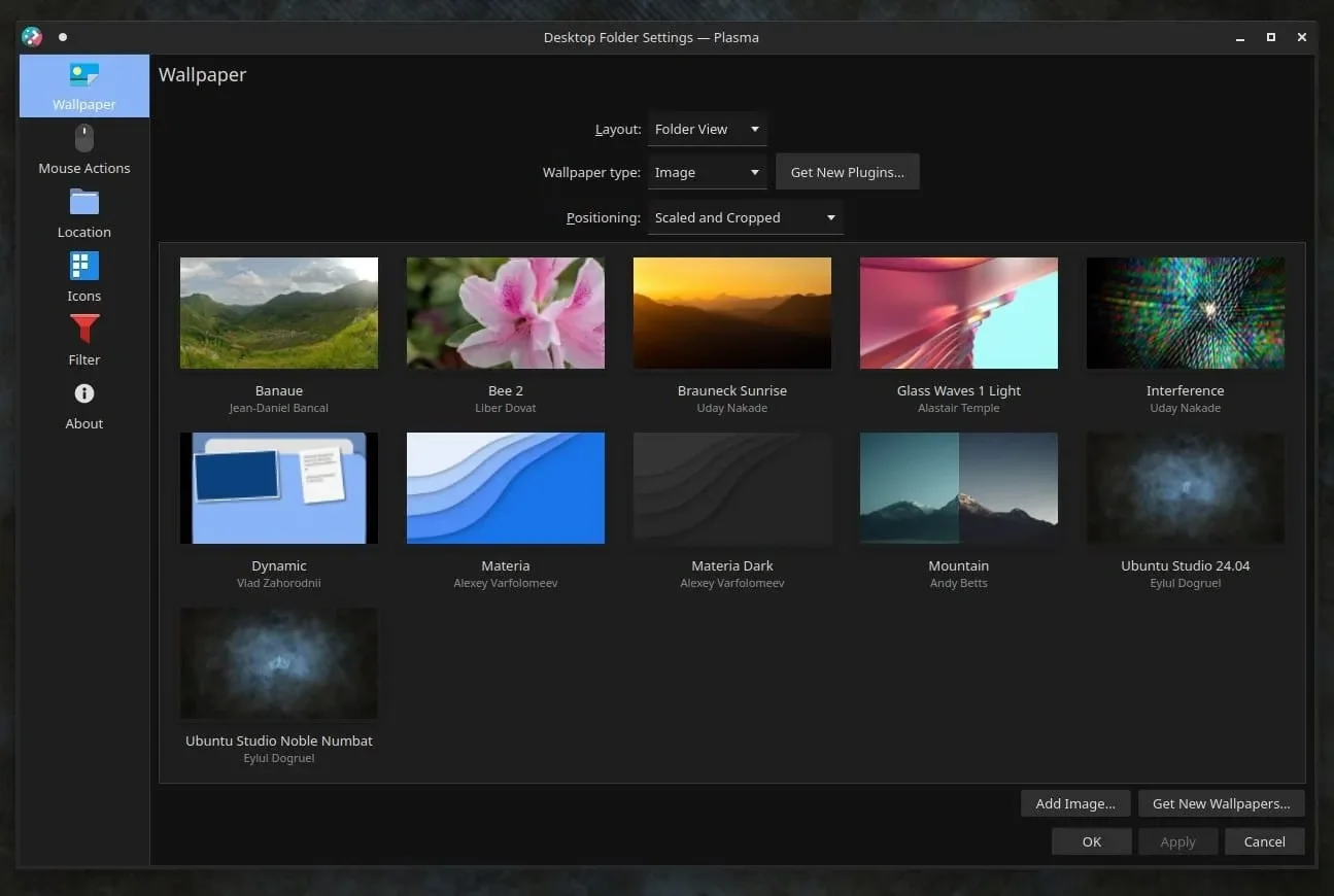 Uma captura de tela do menu de papel de parede do Ubuntu Studio 24.04 LTS com os novos papéis de parede