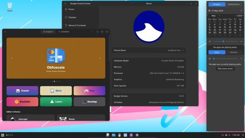 Uma captura de tela do Ultramarine Linux 40 Budgie Flagship Edition