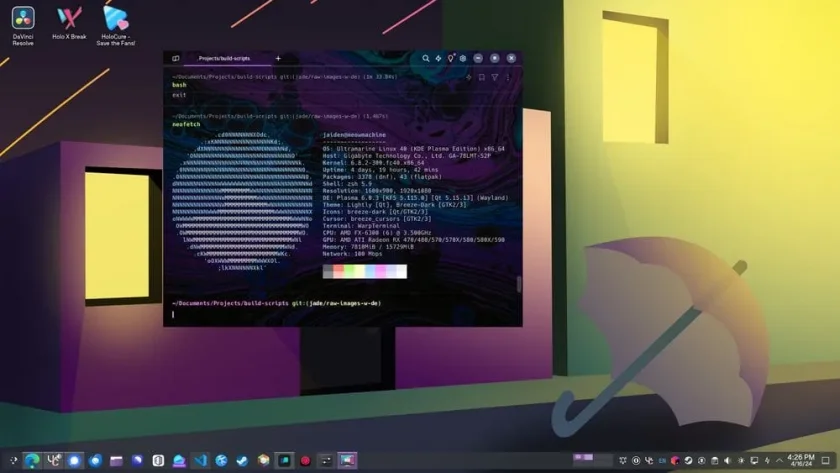 Uma captura de tela do Ultramarine Linux 40 KDE Plasma Edition