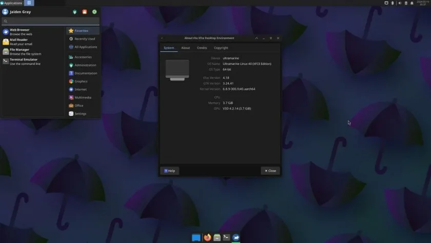 Uma captura de tela do Ultramarine Linux 40 XFCE Edition