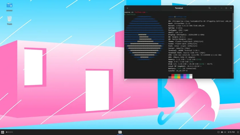 Uma captura de tela do Ultramarine Linux Desktop View com saída Fastfetch